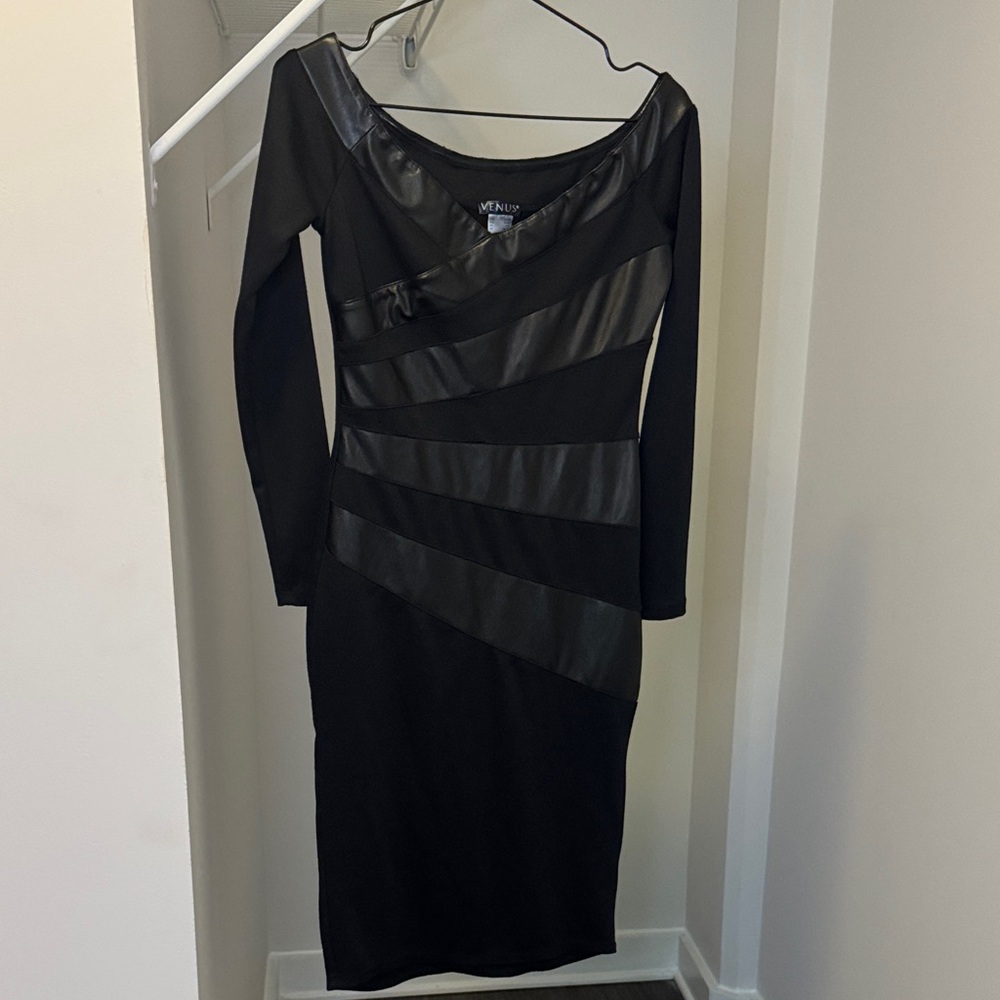 VENUS Black Midi Dress with Leather Stripes